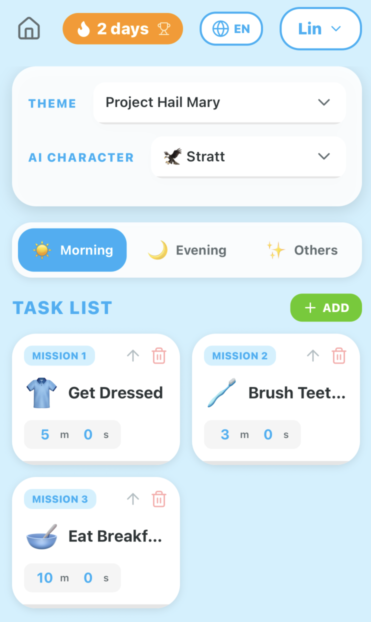 Kids Mission morning launch app interface